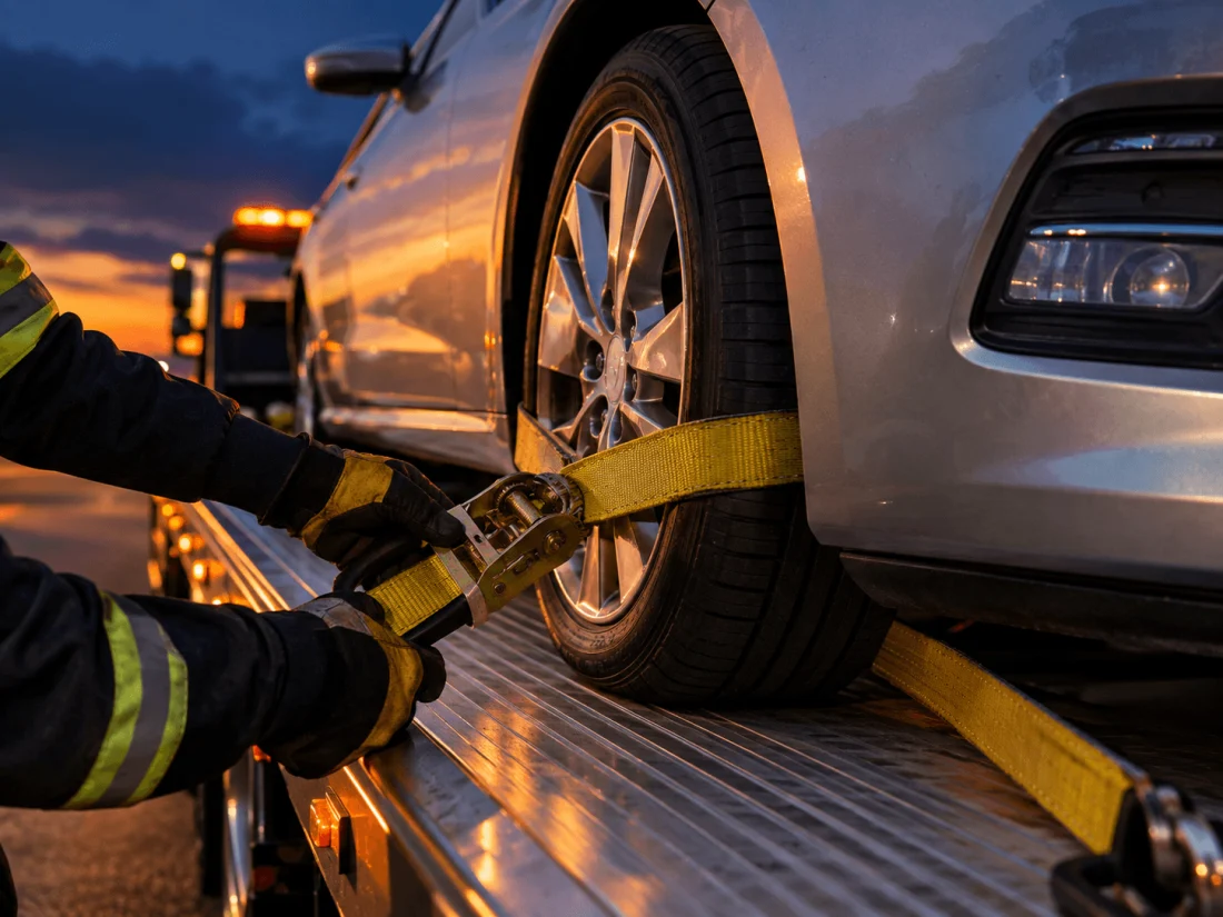 Tow truck operator securing a sedan on a flatbed